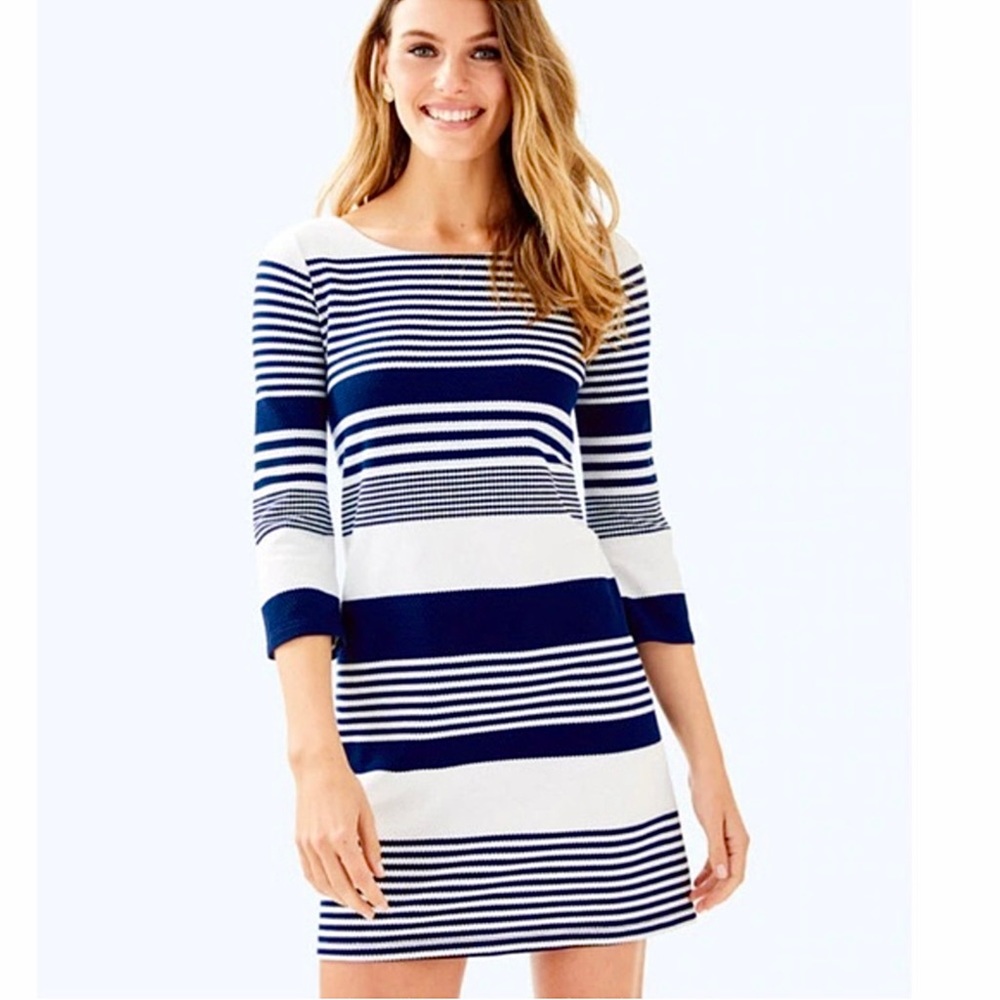 Lilly Pulitzer Bay Dress Navy Blue White Stripe Size S